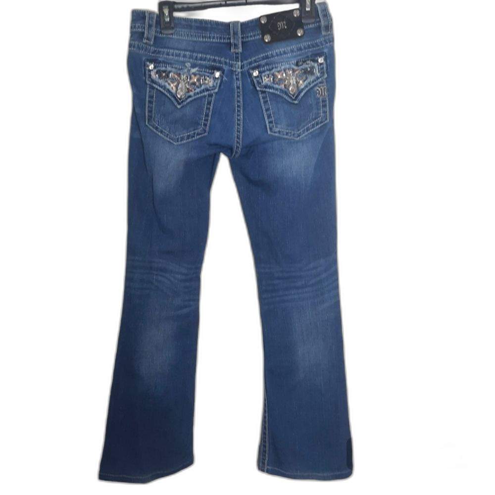 Miss Me Signature Boot Cut Jeans Embroidered Pockets Distressed Size 28 x 34